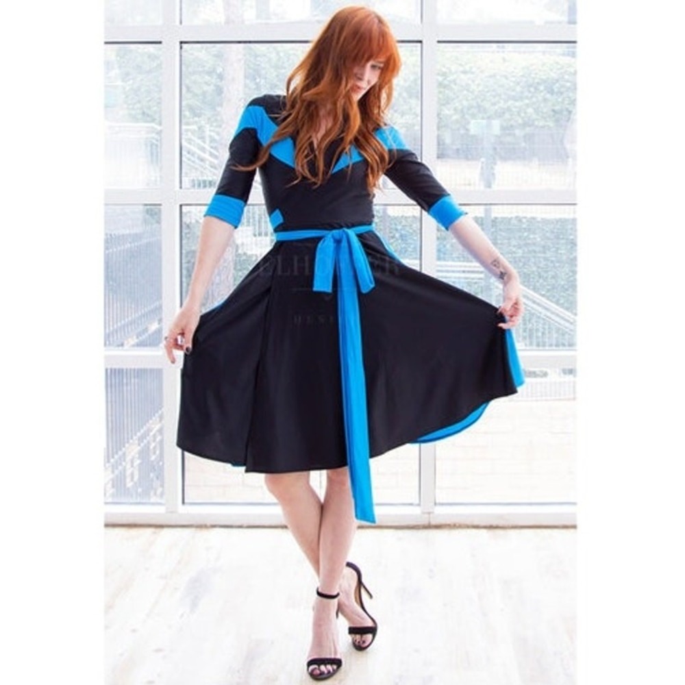 ELHOFFER Lady Wonder Black Blue Geometric 3/4 Sleeve Midi Dress Size S Comic Con